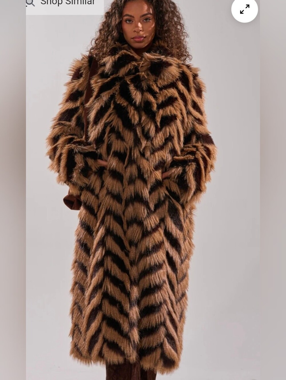 Faux Fur Long Chevron Coat - Sz L/Xl Brown/Black
